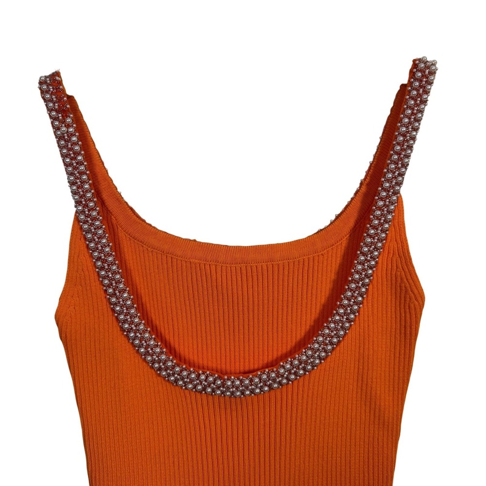 Zara Large Mini Dress Ribbed Bodycon‎ Orange Embellished Low Back Party Cocktail - Picture 5 of 9
